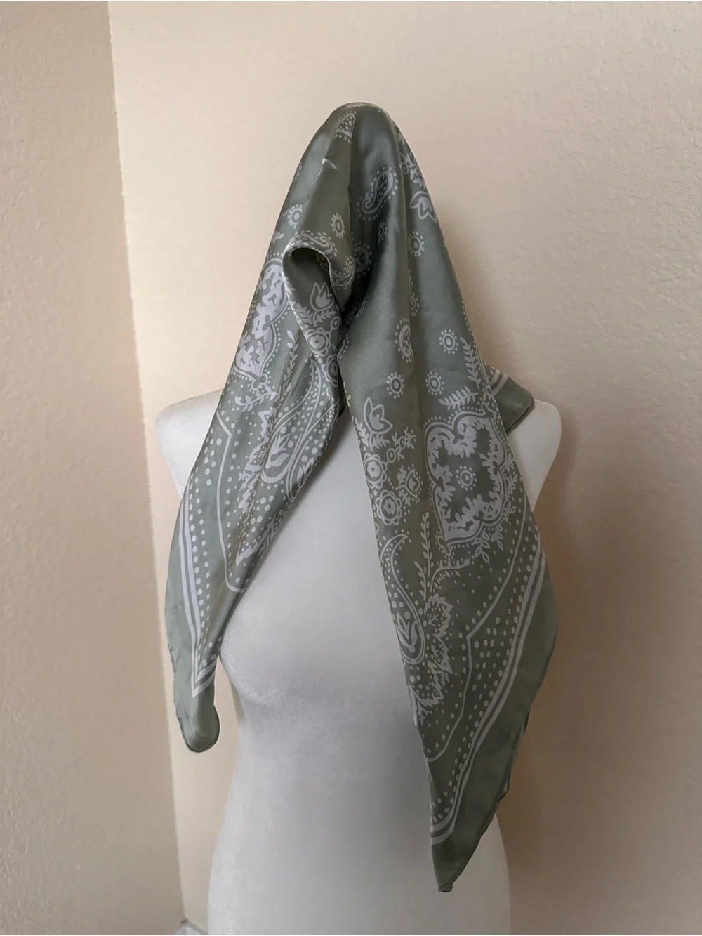 Sage Green Paisley Print Satin Square Scarf Bandana Boho Grandma Core